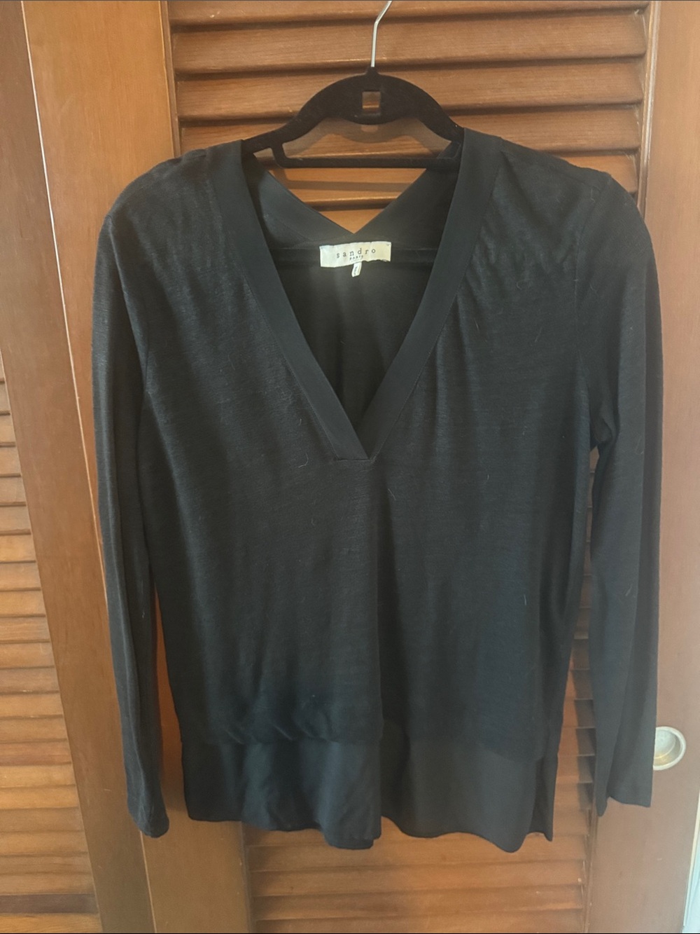 Sandro Black V-Neck Long Sleeve Top